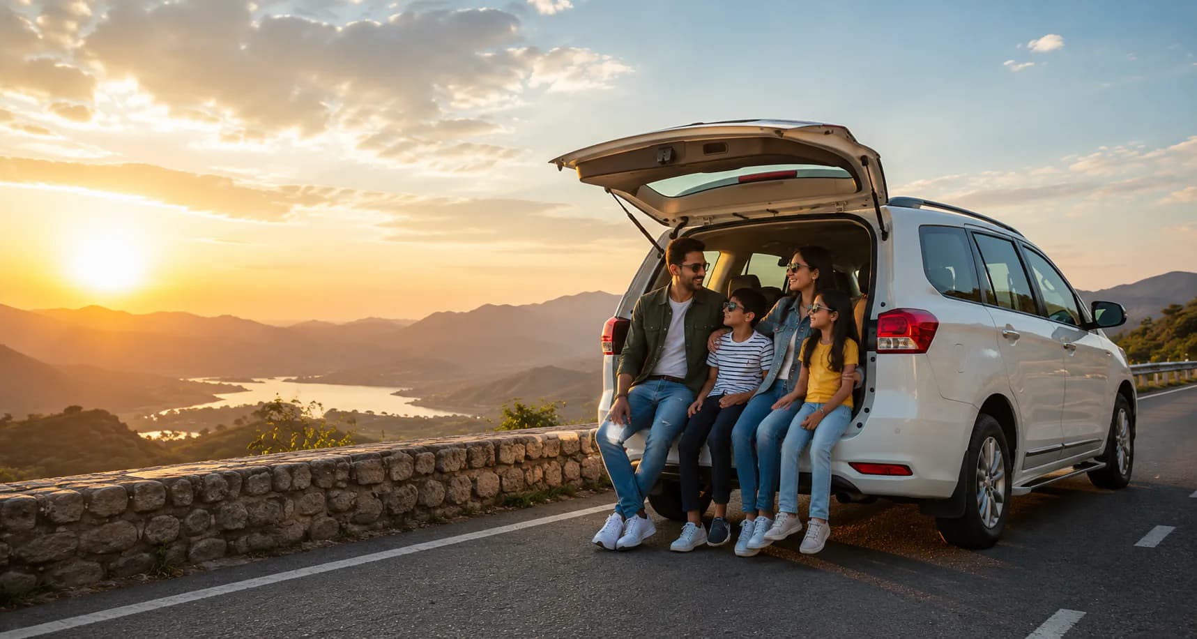 Family pausing beside their vehicle during a mountain road journey