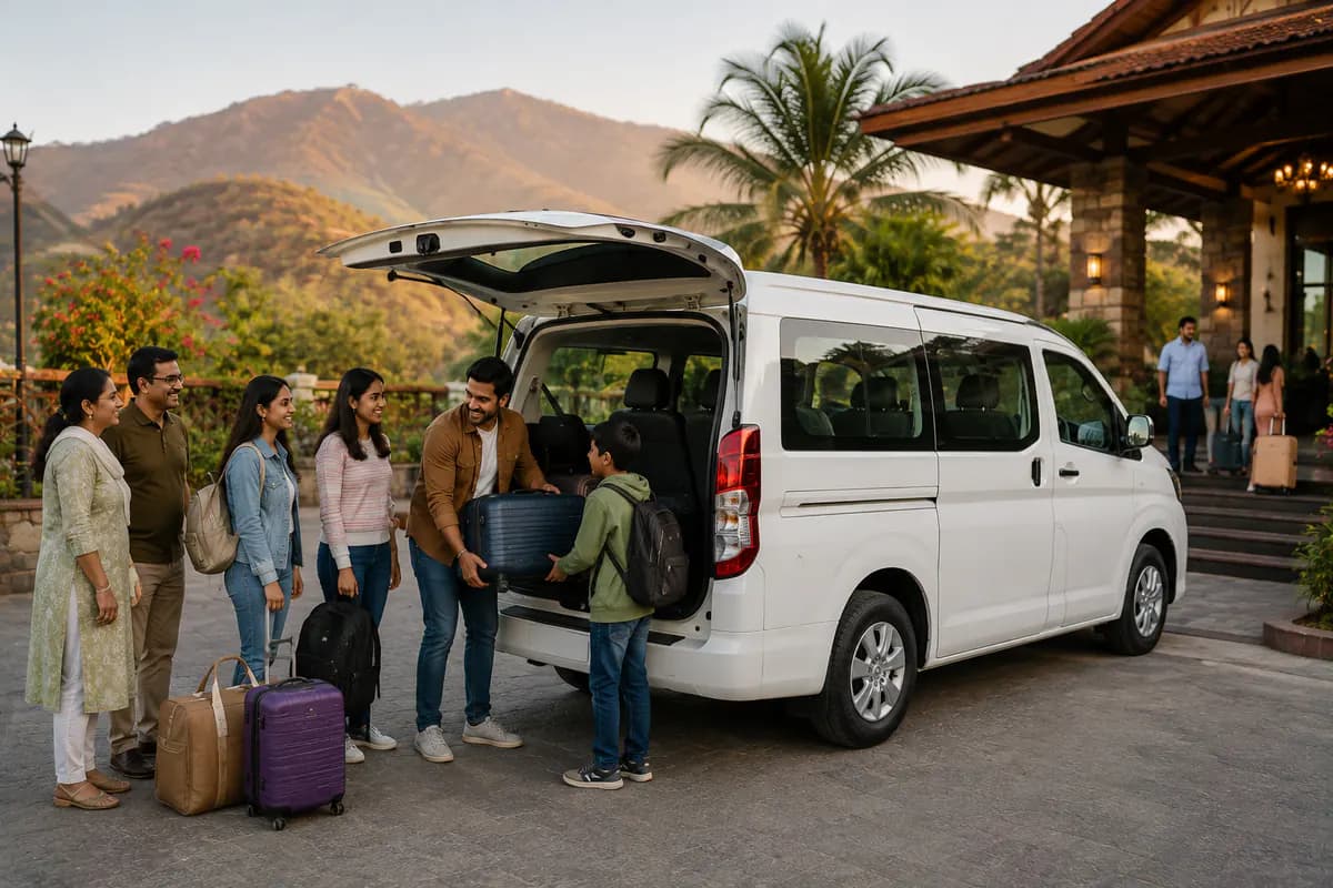 Family group preparing to travel together with their luggage