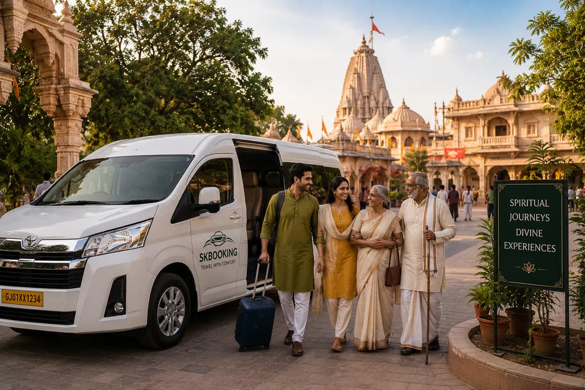 Family beginning a pilgrimage journey beside a temple