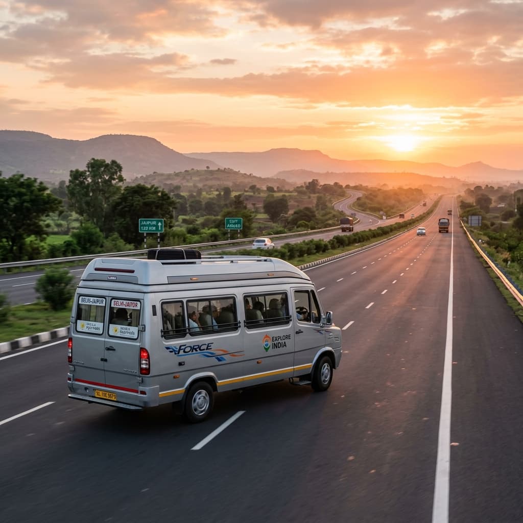 Tempo Traveller minibus driving on a beautiful Indian highway