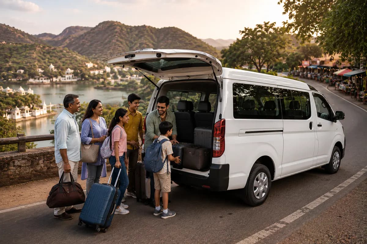 Group preparing for an outstation journey beside a passenger vehicle
